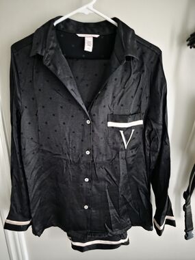 Victoria's Secret Black Satin-Feel Pajama Top with Cream Trim